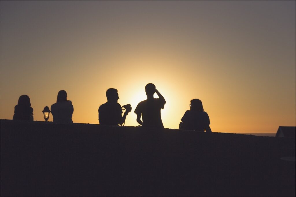 sunset, silhouette, people, nature, dusk, friends